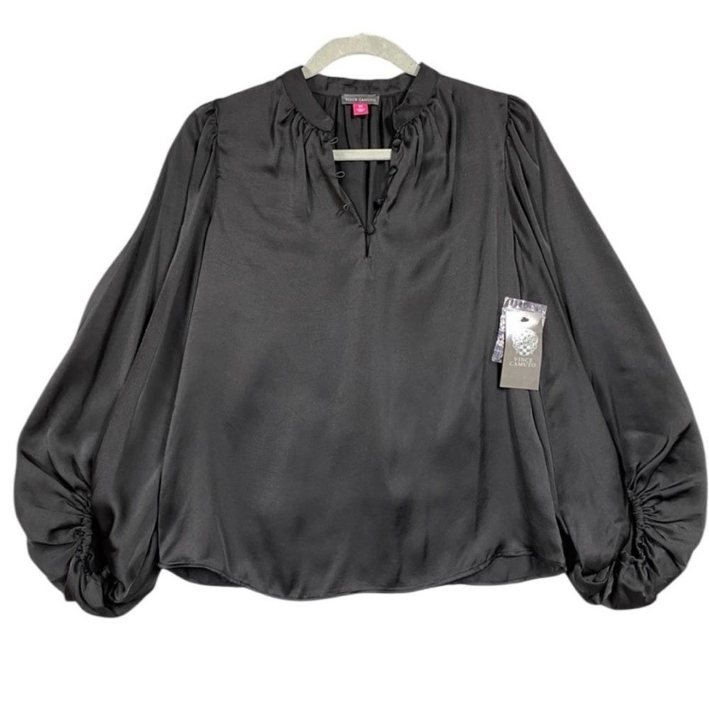 NWT!! Vince Camuto Black Satin Balloon Sleeve Blouse Size Large